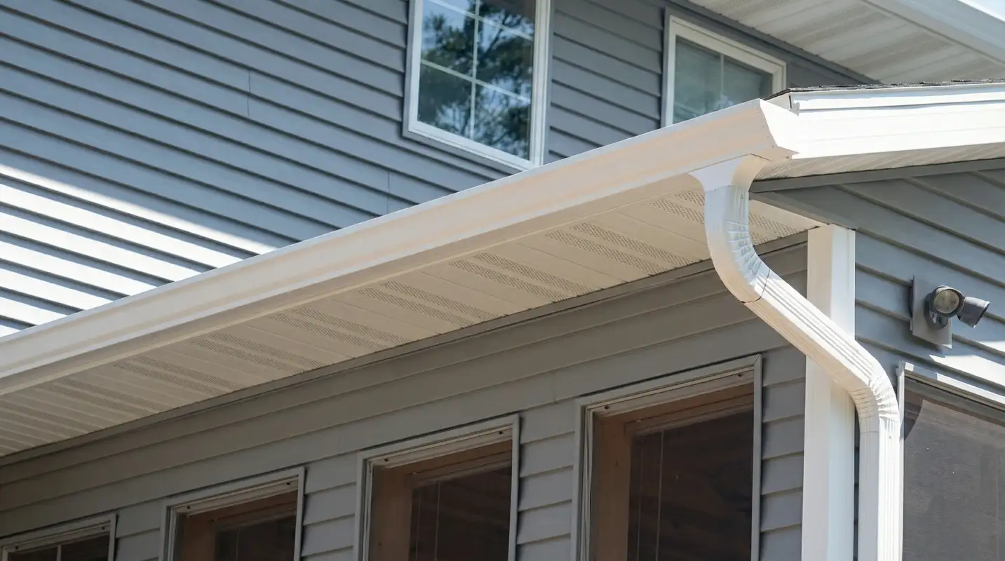 Professional home remodeling project showing newly installed white seamless gutters and downspouts on a house with gray siding in Oklahoma City, OK
