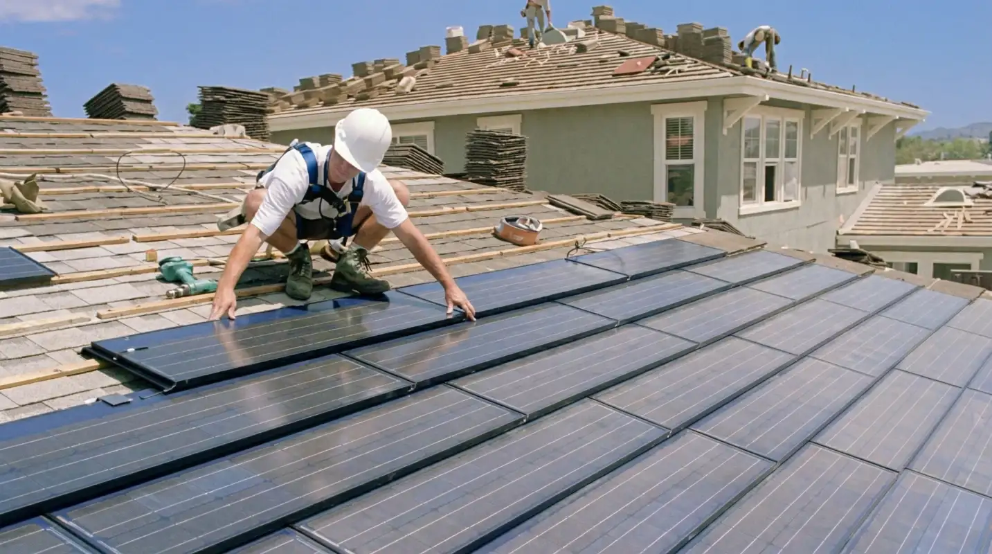 Roof replacement expert installing modern solar shingles on a residential home in Oklahoma City, OK
