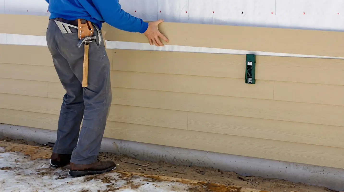 Siding replacement expert carefully aligning a new tan siding panel onto a residential exterior wall in Oklahoma City, OK