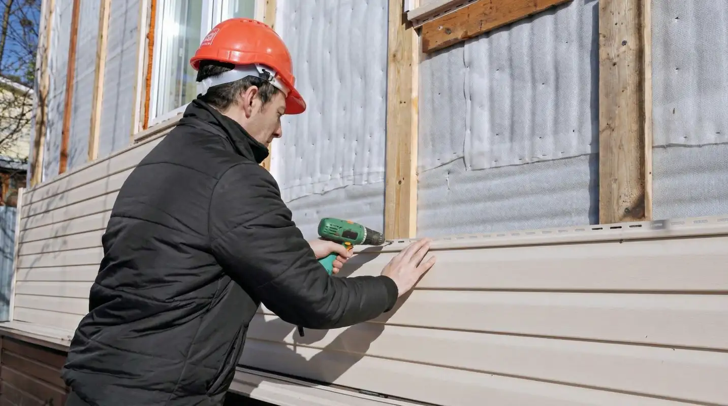 Siding replacement professional using a power drill to install new tan vinyl siding on a home exterior in Oklahoma City, OK