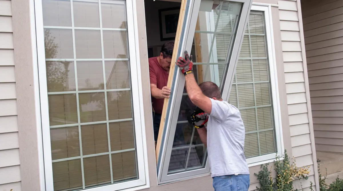 Professional home remodeling team installing a large replacement window on a house with tan siding in Oklahoma City, OK