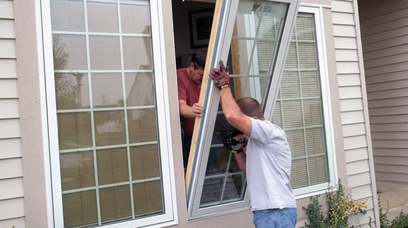 Professional home remodeling team installing a large replacement window on a house with tan siding in Oklahoma City, OK